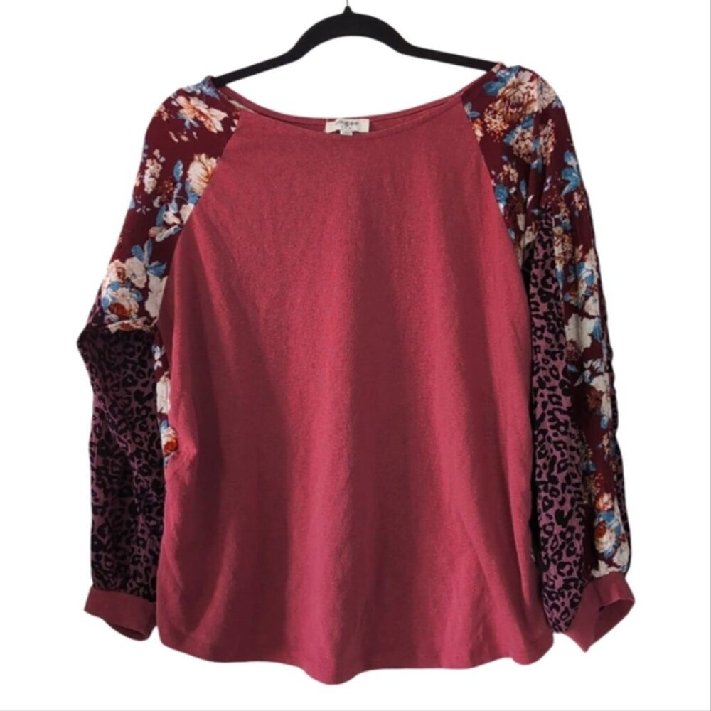 Umgee Floral Sleeve Unique Boho Relaxed Quirky Romantic Prairie Top Blouse L
